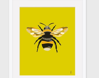 Bumble Bee Art Print. Yellow Artwork. Save The Bees. Colorful Art. An Original Jen Hughes Designs Painting. Holiday Print.