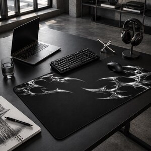 Gaming Desk Mat | Black Chrome Mat | Abstract Gaming Mouse Pad | Dark Aesthetic Desk Pad | Futuristic Desk Mat | Silver Chrome Office Decor image 6