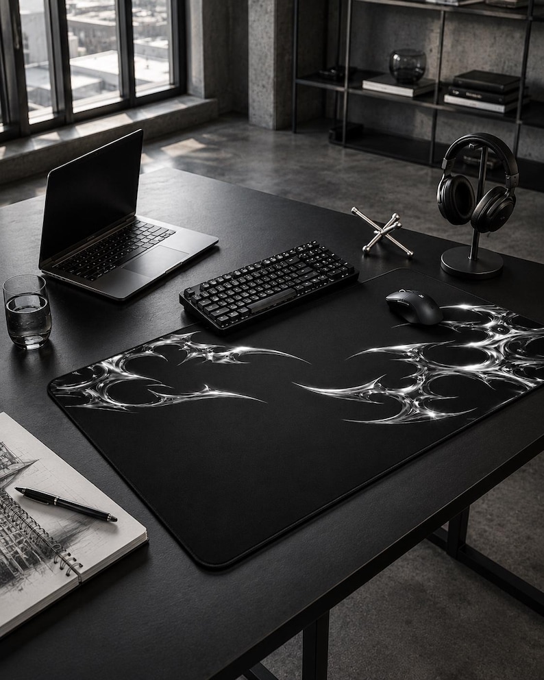 Gaming Desk Mat | Black Chrome Mat | Abstract Gaming Mouse Pad | Dark Aesthetic Desk Pad | Futuristic Desk Mat | Silver Chrome Office Decor image 6