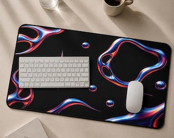 Futuristic Chrome Flame Desk Mat | Abstract Metal Art Mat | Goth Mouse Pad | Silver Desk Mat | Y2k Desk Pad