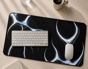 Black Chrome Flame Desk Mat | Dark Aesthetic Mouse Pad | Large Goth Desk Pad | Edgy Gaming Setup | Abstract Black Desk Mat