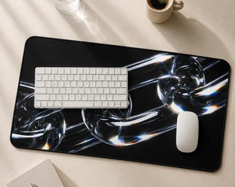Glass Chain Desk Mat | Black Abstract Mouse Pad | Goth Desk Mat | Dark Aesthetic Desk Mat | Chrome Silver Metal Desk Mat