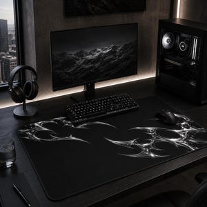 Gaming Desk Mat | Black Chrome Mat | Abstract Gaming Mouse Pad | Dark Aesthetic Desk Pad | Futuristic Desk Mat | Silver Chrome Office Decor image 3
