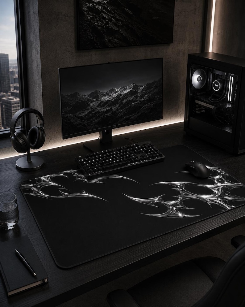Gaming Desk Mat | Black Chrome Mat | Abstract Gaming Mouse Pad | Dark Aesthetic Desk Pad | Futuristic Desk Mat | Silver Chrome Office Decor image 3