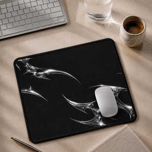 Gaming Desk Mat | Black Chrome Mat | Abstract Gaming Mouse Pad | Dark Aesthetic Desk Pad | Futuristic Desk Mat | Silver Chrome Office Decor image 8
