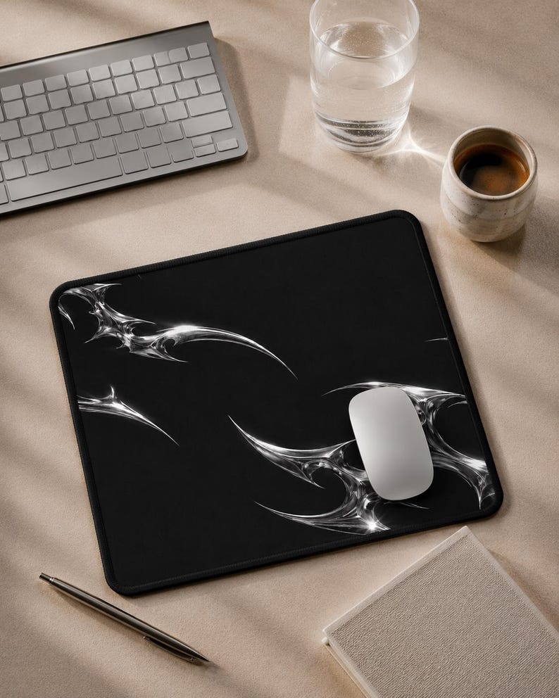 Gaming Desk Mat | Black Chrome Mat | Abstract Gaming Mouse Pad | Dark Aesthetic Desk Pad | Futuristic Desk Mat | Silver Chrome Office Decor image 8