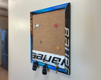 Hockey Stick Bulletin Board with Key Hooks | Upcycled Hockey Decor