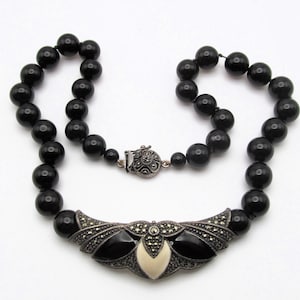 Judith Jack Sterling Black Onyx Bead Art Deco Style Choker Necklace Jewelry