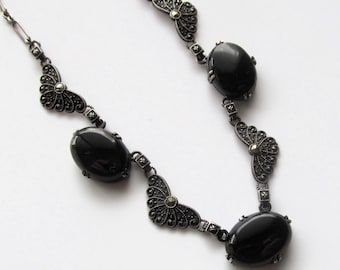 Sterling Silver Black Onyx Art Deco Necklace Marcasite Antique Jewelry Circa 1930