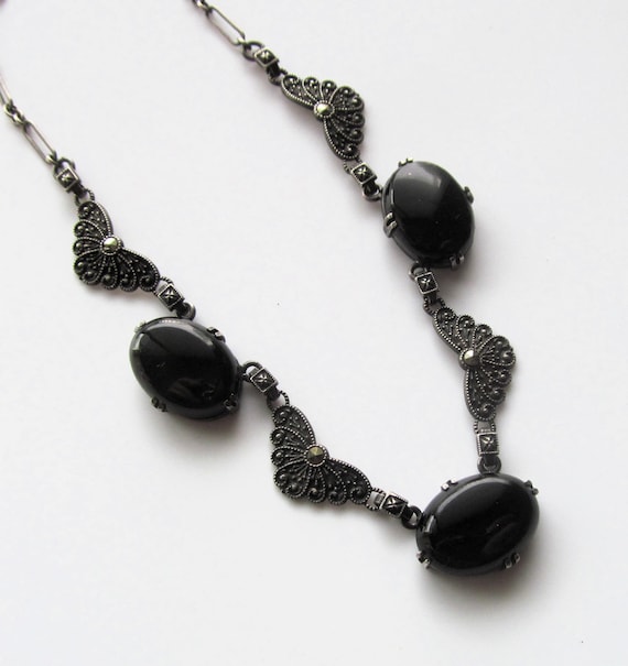 Sterling Silver Black Onyx Art Deco Necklace Marcasite Antique Jewelry Circa 1930