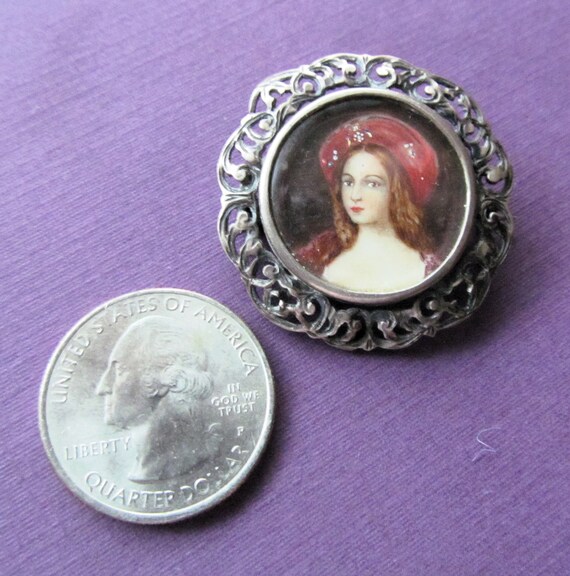 Antique Hand Painted Brooch Renaissance Lady Mini… - image 2