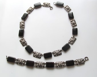 Conjunto de joyas Art Déco antiguo de plata de ley con ónix negro, Alemania, 1930
