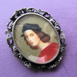 Dante Alighieri Antique Hand Painted Miniature Brooch 800 Silver Pendant