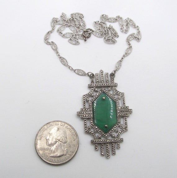 Art Deco Sterling Silver Chrysoprase Marcasite Ne… - image 4