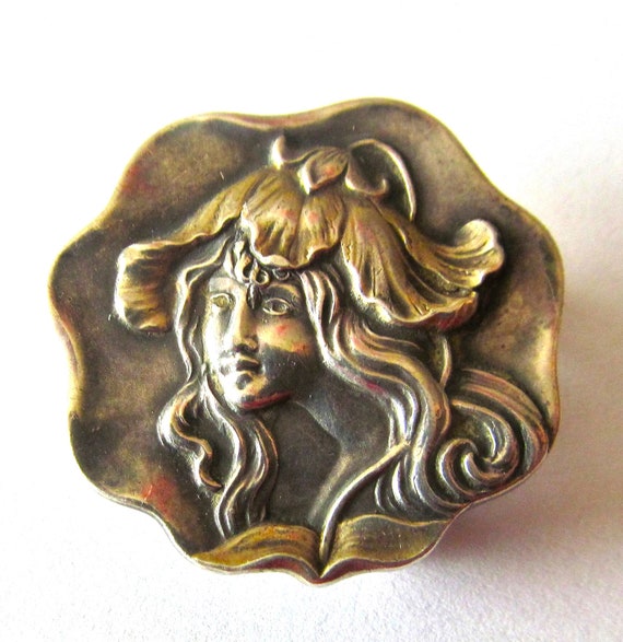Art Nouveau 900 Silver Girl In A Flower Fob Pin An