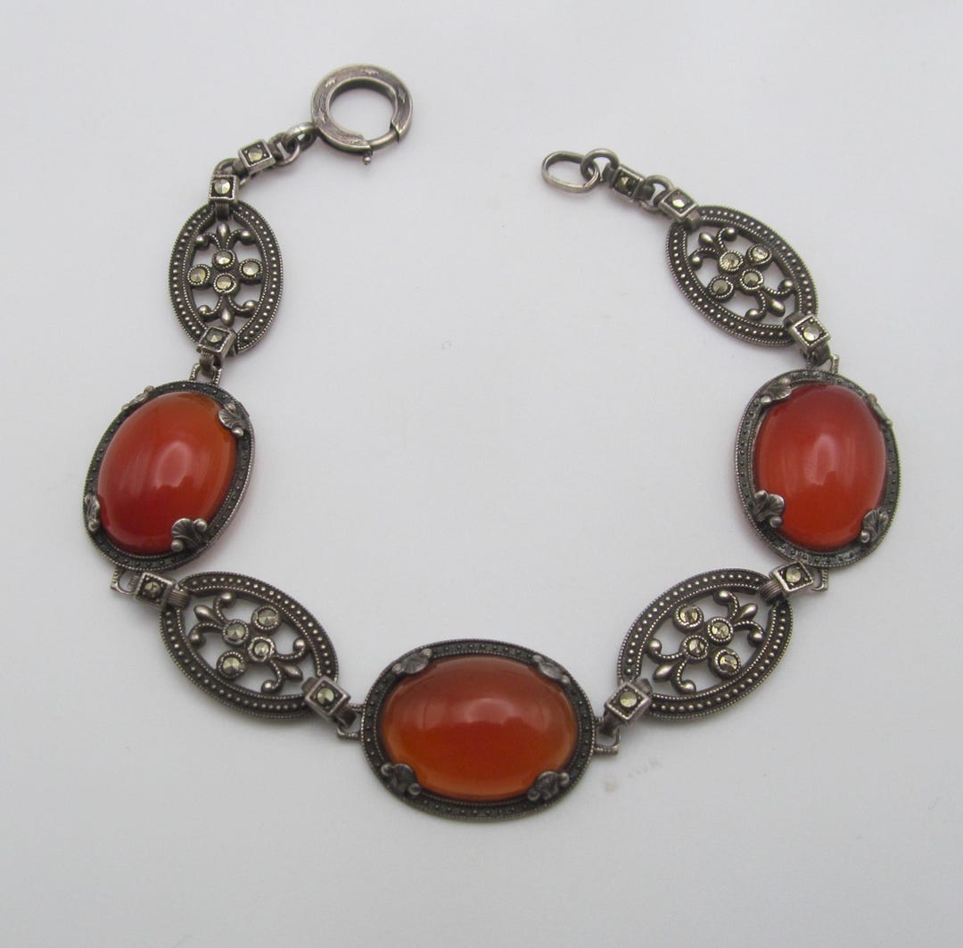 Antique Sterling Silver Carnelian Marcasite Bracelet Art Deco Jewelry ...