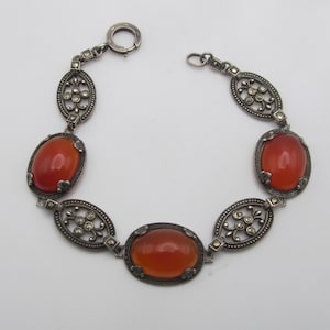 Antique Sterling Silver Carnelian Marcasite Bracelet Art Deco Jewelry