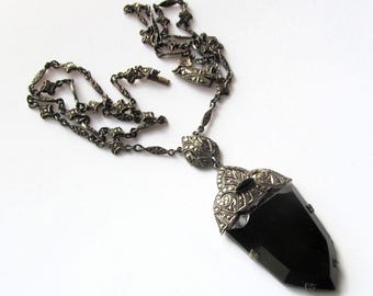 Art Deco Black Onyx Sterling Silver Marcasite Pendant Antique Necklace Germany Circa 1930