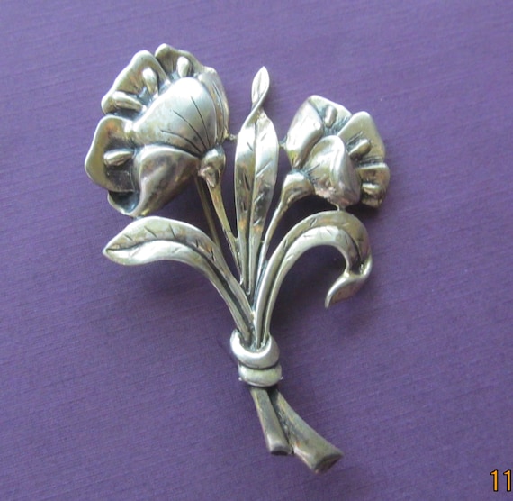 Antique Danecraft Solid Sterling Silver Flower Br… - image 1