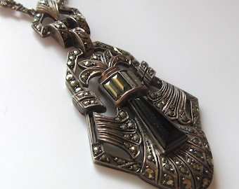 Art Deco Black Onyx Sterling Silver Marcasite Pendant Antique Necklace Germany Circa 1930