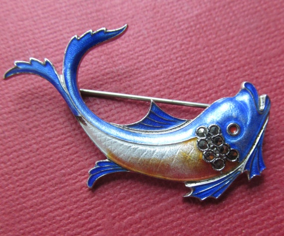 Sterling Enamel Vintage Fish Brooch Marcasite Pin… - image 3