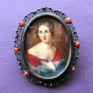 Antique Hand Painted Brooch Lady Miniature in 800 Silver Filigree And Coral Pendant