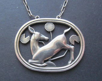Georg Jensen Kneeling Deer Necklace Number 95 Antique Denmark Sterling Deco Jewelry