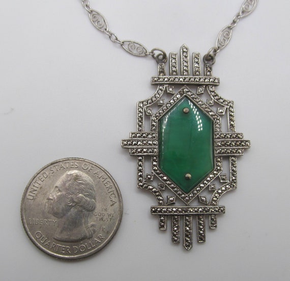 Art Deco Sterling Silver Chrysoprase Marcasite Ne… - image 5