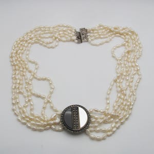 Vintage Fresh Water Pearl Necklace Sterling Onyx Mother of Pearl Centerpiece
