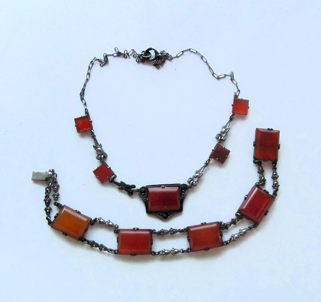 Sterling Silver Carnelian Art Deco Necklace Bracelet Marcasite Antique ...
