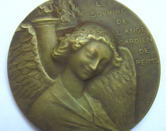 Antique French Bronze Smiling Guardian Angel Of Reims Religious Art Medal Signed Yencesse