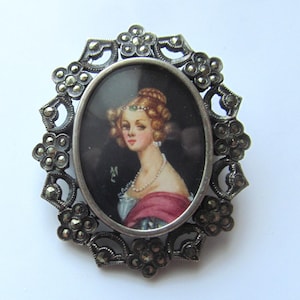 Antique 800 Silver Hand Painted Miniature Lady Pendant Antique Marcasite Brooch