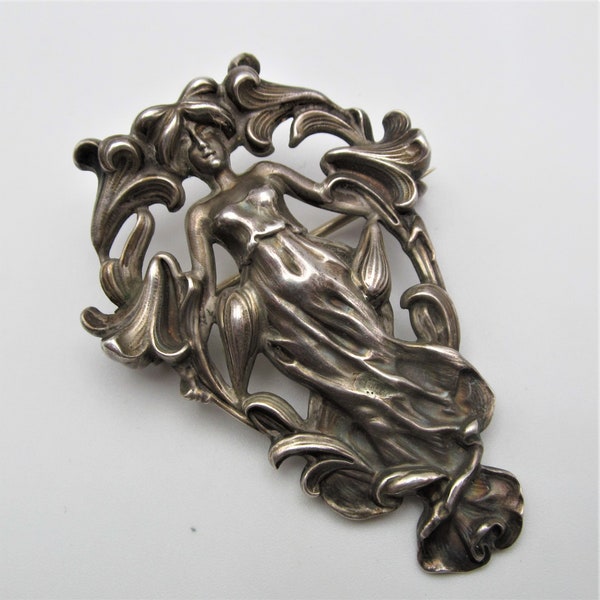 Antique Sterling Silver Lady With Lilies Brooch Art Nouveau Pin By William Kerr Company Circa 1900