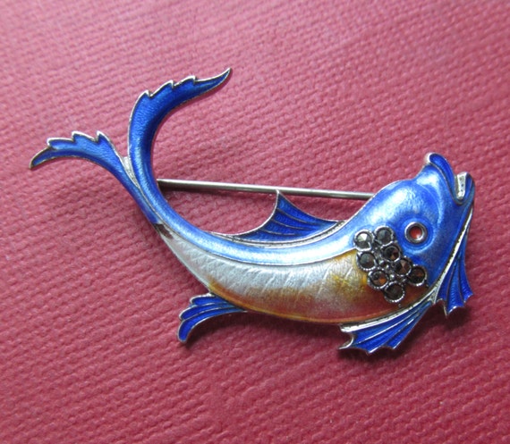 Sterling Enamel Vintage Fish Brooch Marcasite Pin… - image 1