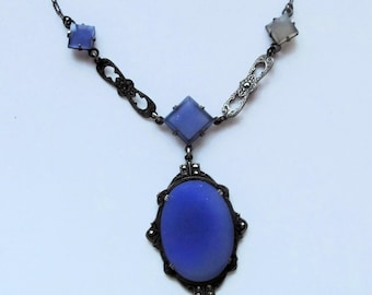 Art Deco Blue Chalcedony Sterling Silver Marcasite Antique Hycrest Necklace Jewelry
