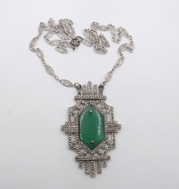 Art Deco Sterling Silver Chrysoprase Marcasite Ne… - image 1