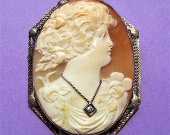 Antique Cameo Brooch 14 Karat Gold With Diamond Estate Floral Lady Shell Circa 1900