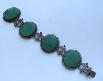 Pulsera antigua de plata 800 con filigrana italiana y crisoprasa decorativa
