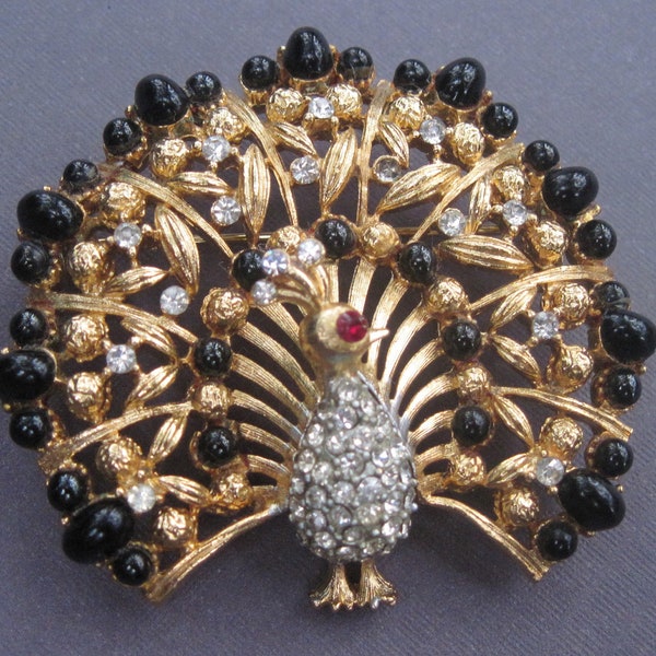 Vintage Peacock Brooch Vintage Peacock Brooch With Black Stones And Rhinestones Signed Lisner