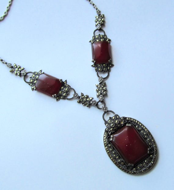 Art Deco Sterling Silver Carnelian Marcasite Jewelry … - Gem
