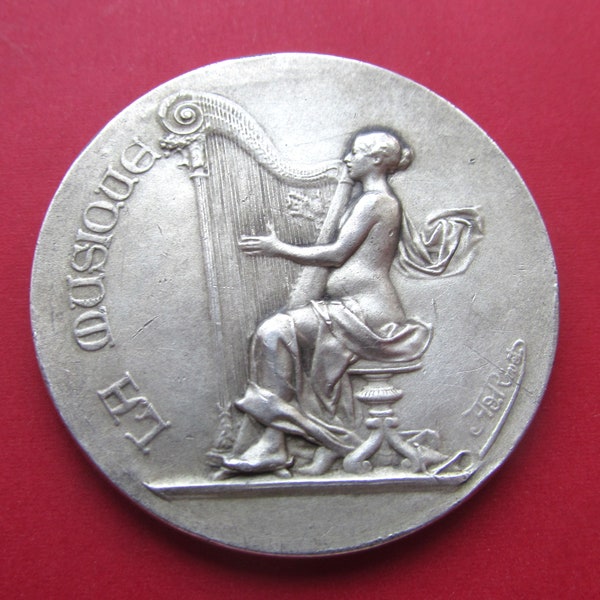 Antique French Silver Music Art Medal Signed Rivet Dated 1895 SS217
