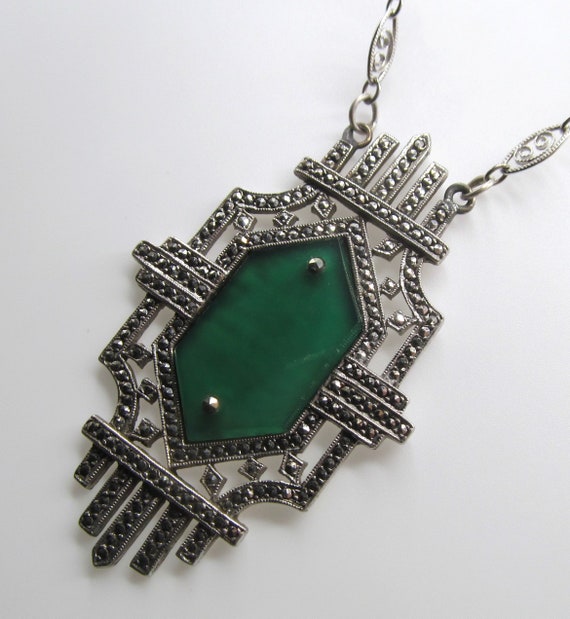 Art Deco Sterling Silver Chrysoprase Marcasite Ne… - image 3