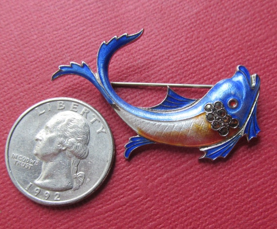 Sterling Enamel Vintage Fish Brooch Marcasite Pin… - image 2