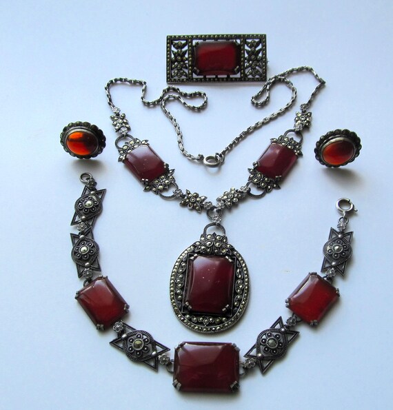 Art Deco Sterling Silver Carnelian Marcasite Jewelry … - Gem