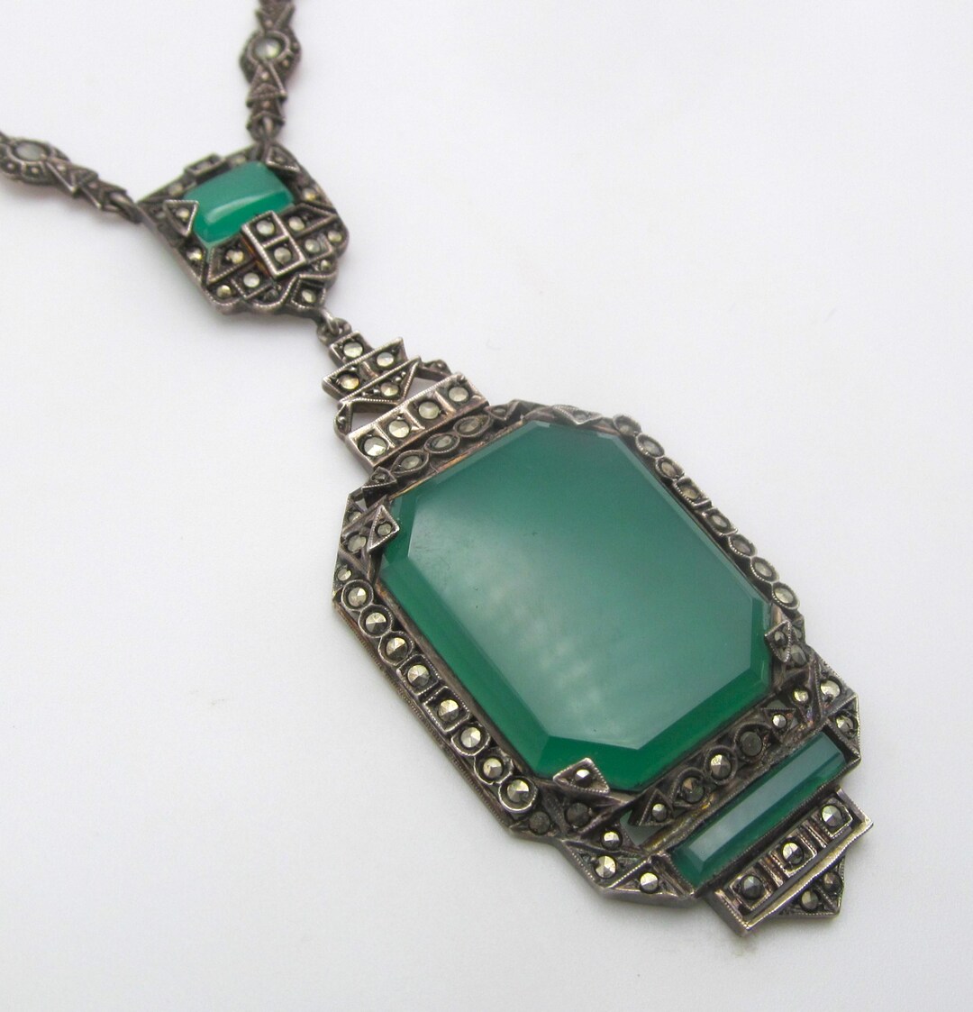 Art Deco Chrysoprase Sterling Silver Marcasite Pendant Antique Necklace ...