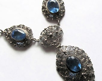 Art Deco 800 Silver Blue Past European Italian Antique Filigree Bead Necklace Circa 1920