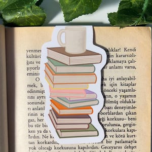Book and Coffee Themed Magnetic Bookmark, Coffee Themed, Book Worm Handmade, Waterproof, Glossy, Gift for Book Lovers, Students, Page Marker