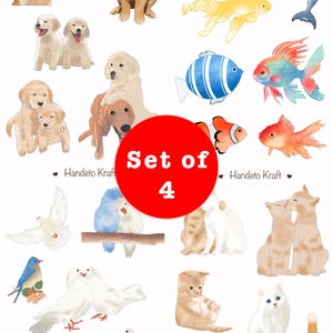 4er Set - Sticker mit Tiermotiven, Scrapbook, Bullet Journal, Collage, Katzenaufkleber, Bujo, Hundeaufkleber, Vogelaufkleber, Fischaufkleber