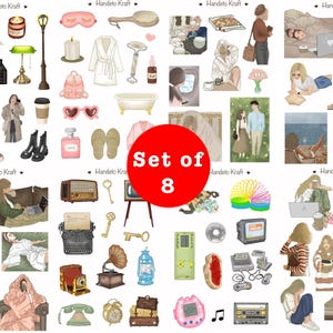 Lot de 8 autocollants - Scrapbooking sur le thème de l'humeur, Bullet Journal, collage, Sticker confortable, Bujo, sticker vintage, Sticker auto-soin, années 90