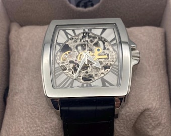 Men's wrist watch stainless steel Charles Hubert Paris black leather strap skeleton dial automatic